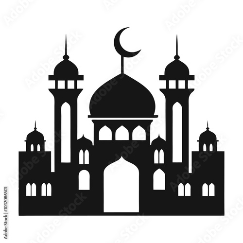Muslim Mosque Silhouette with Islamic symbol isolated white background
