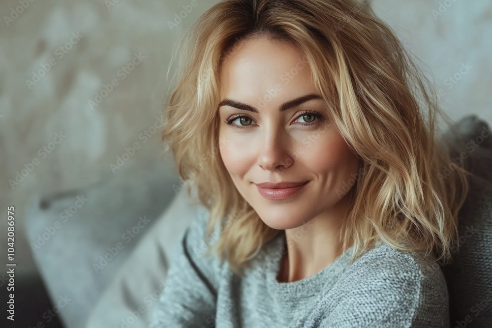 Head shot portrait pretty blonde woman looking at camera, sits alone on sofa photoshooting, enjoy pleasant pastime weekend at home at own or rented apartment. Beautiful mature female profile picture Head shot portrait pretty blonde woman looking at camera, sits alone on sofa photoshooting, enjoy pleasant pastime weekend at home at own or rented apartment. Beautiful mature female profile picture