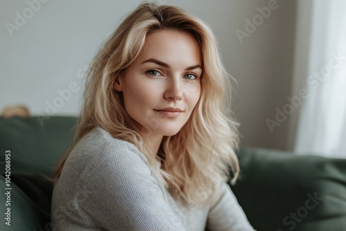 Head shot portrait pretty blonde woman looking at camera, sits alone on sofa photoshooting, enjoy pleasant pastime weekend at home at own or rented apartment. Beautiful mature female profile picture photo