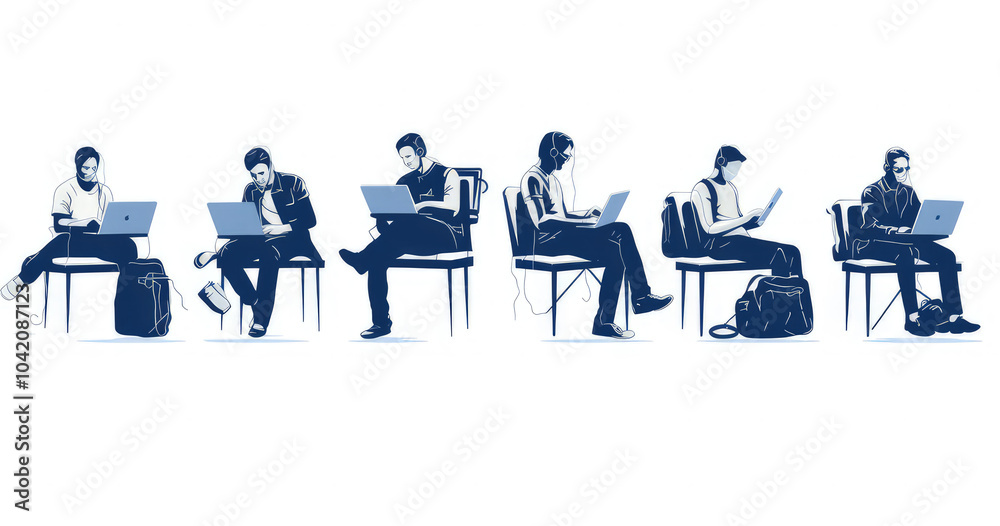 A series of illustrations depicting individuals engaged in various activities with laptops isolated on white background, showcasing modern work and leisure. A series of illustrations depicting individuals engaged in various activities with laptops isolated on white background, showcasing modern work and leisure.