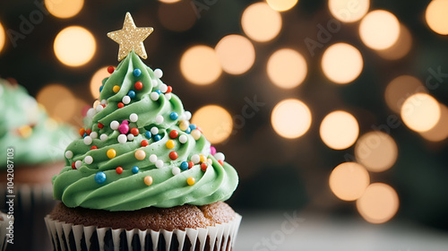 Christmas cupcakes decorated with green frosting shaped like a Christmas tree, adorned with colorful sprinkles and a star topper, with festive bokeh lights in the background