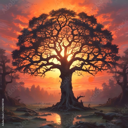 Illustration of dystopian tree with sunset light behind.