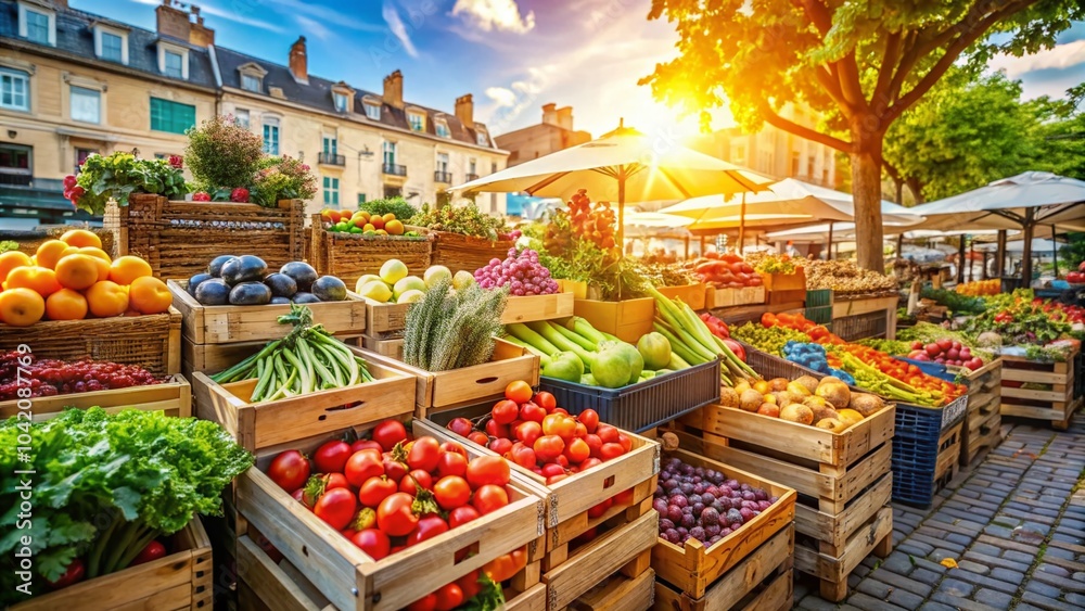 Fototapeta premium Vibrant Outdoor Market Full of Fresh Fruits and Vegetables for Culinary Enthusiasts