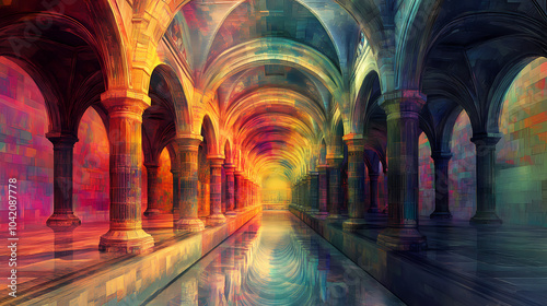 Surreal floating cathedral iridescent mosaic arches otherworldly spiritual architecture. Surreal Architecture. Illustration