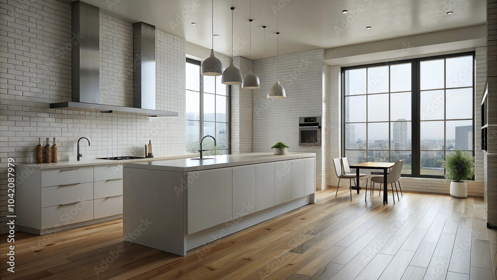 Modern minimalist kitchen, open concept living space, white brick walls, wooden floors, large windows, city view, pendant lights, kitchen island, neutral color palette, airy atmosphere, contemporary d Modern minimalist kitchen, open concept living space, white brick walls, wooden floors, large windows, city view, pendant lights, kitchen island, neutral color palette, airy atmosphere, contemporary d