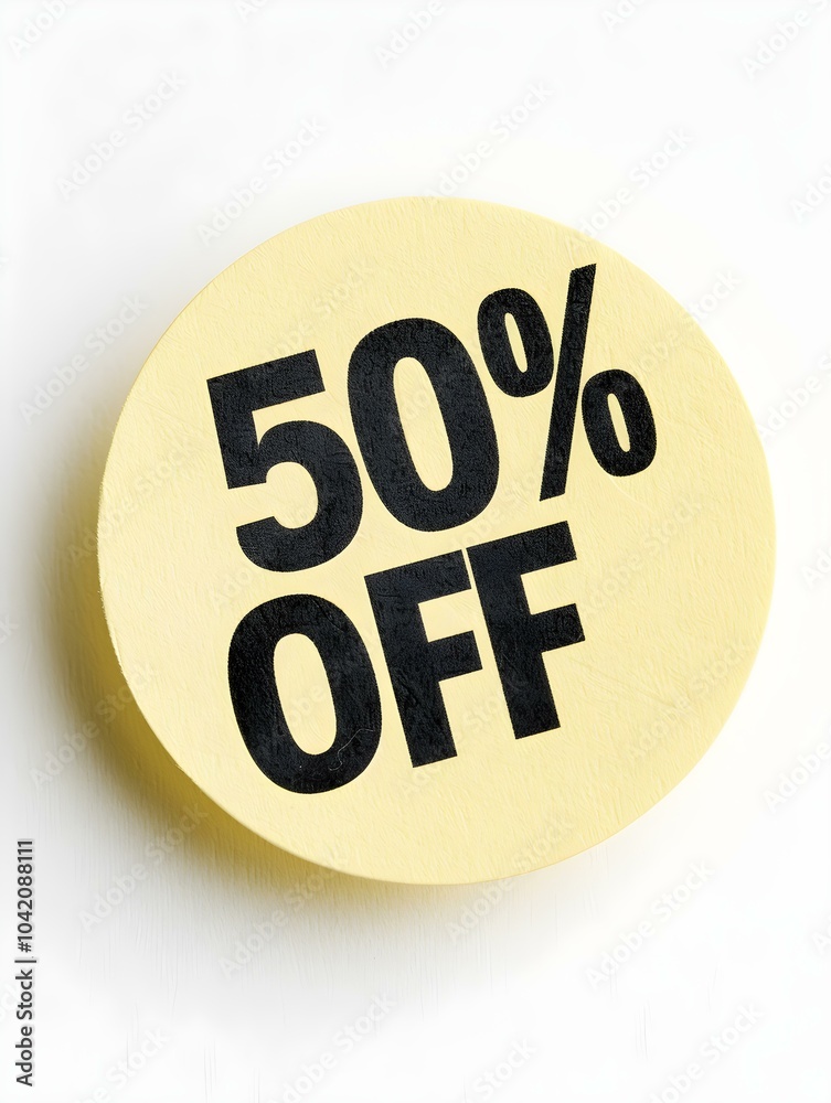 Black '50% OFF' Text on a Light Yellow Round Paper Note. White Background Black '50% OFF' Text on a Light Yellow Round Paper Note. White Background