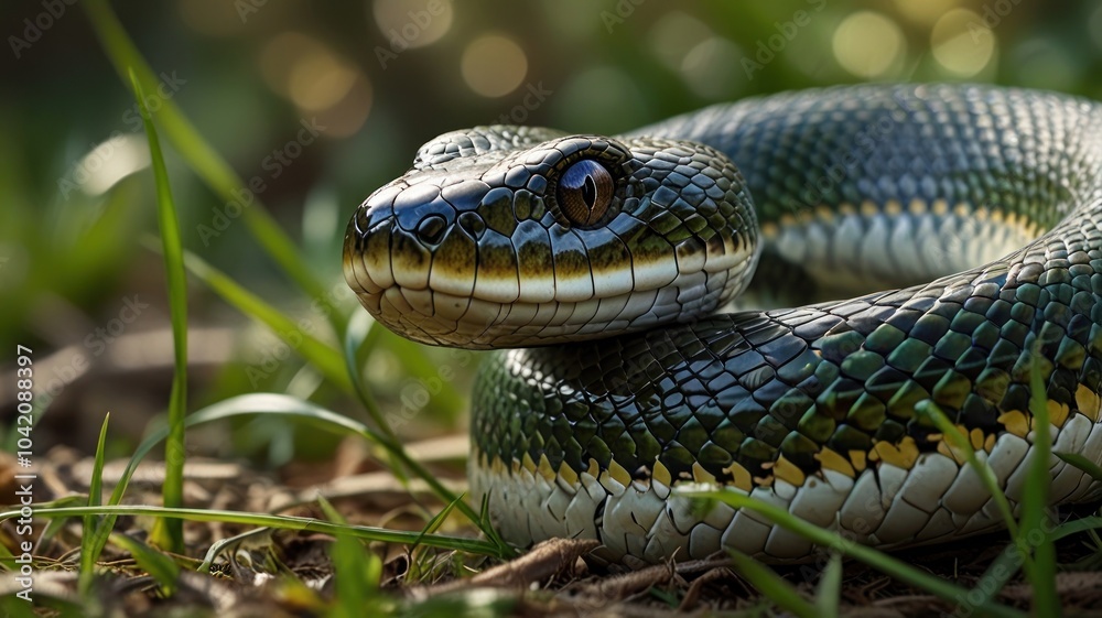 Obraz premium A green snake with a yellow stripe on its head, coiled in grass with a bokeh background.