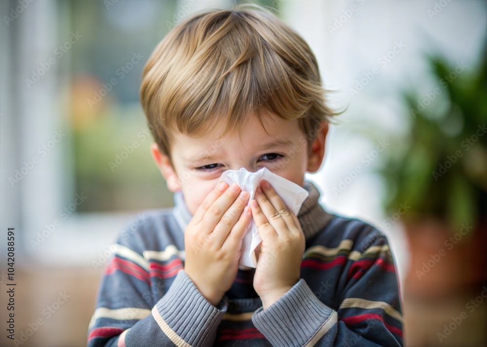 boy about 5 year old holding tissue paper while sneezing or blowing his nose boy about 5 year old holding tissue paper while sneezing or blowing his nose