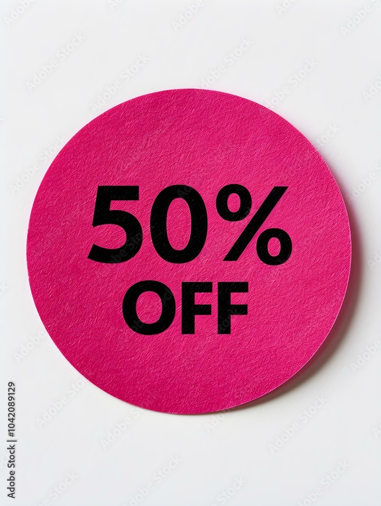 Black '50% OFF' Text on a Magenta Round Paper Note. White Background Black '50% OFF' Text on a Magenta Round Paper Note. White Background