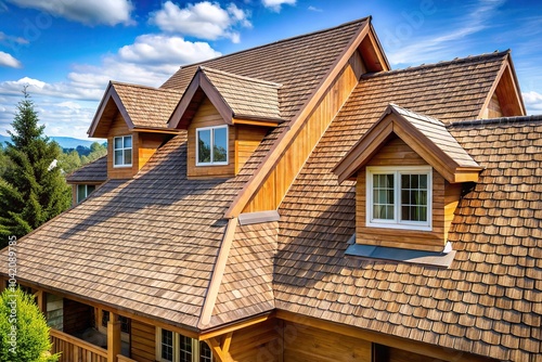 Contemporary house with cedar shake roof in summer