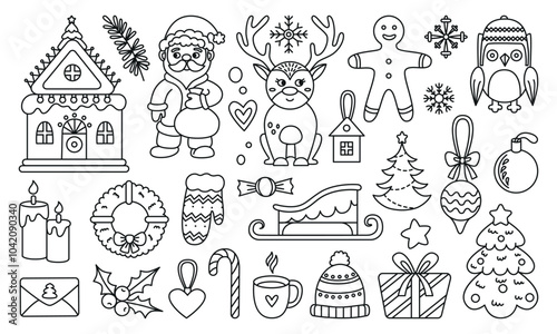 Christmas coloring page elements. Children cute xmas characters, santa claus deer owl gingerbread decorated tree wreath. Neoteric doodle holiday vector set