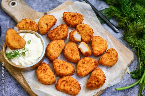 Crispy deep fried chicken popcorn nuggets and french fries . Breaded with Cornflakes chicken Breast fillets with chilly peppers and fresh basil on wooden rustic background