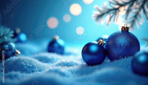 Winter wonderland, blue christmas ornaments.
