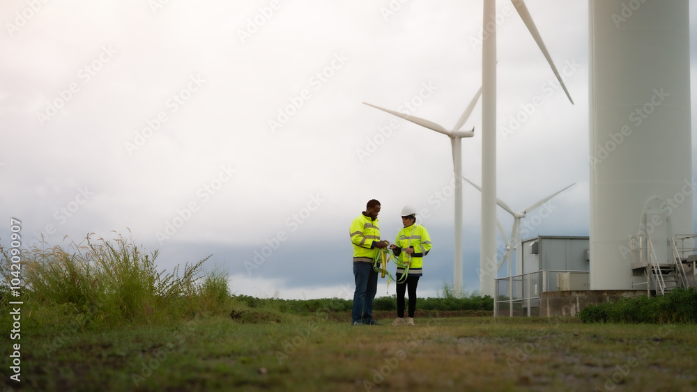 Two people standing in a field next to wind turbines. One of them is wearing a yellow vest Two people standing in a field next to wind turbines. One of them is wearing a yellow vest