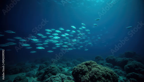 Wallpaper Mural Un banco de peces nadando sobre un arrecife de coral bajo aguas profundas y cristalinas del océano. Torontodigital.ca