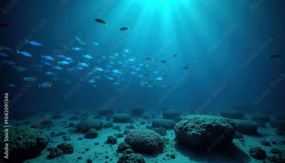 Cardumen de peces de colores brillantes nadando sobre un fondo de corales y rocas en aguas profundas. Cardumen de peces de colores brillantes nadando sobre un fondo de corales y rocas en aguas profundas.
