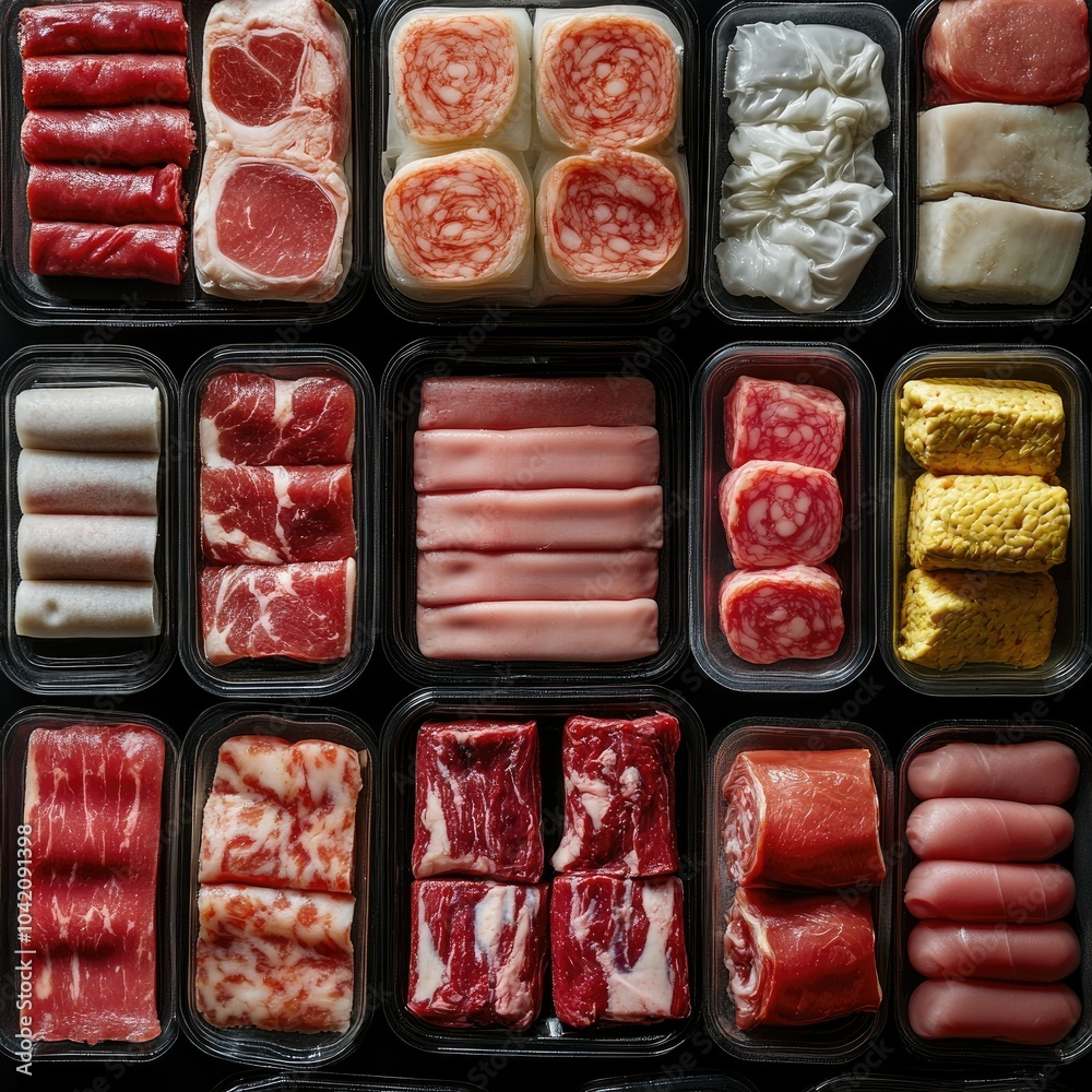 Top-down view of assorted artificial meats, showcasing variety in product shapes and sizes, displayed in packaging Top-down view of assorted artificial meats, showcasing variety in product shapes and sizes, displayed in packaging
