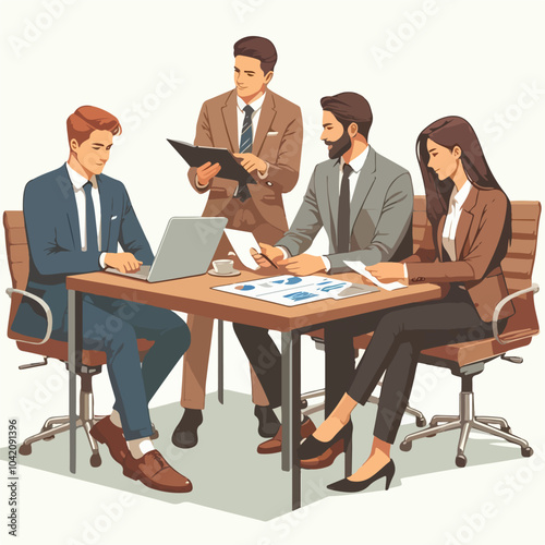 Partners meeting for business discussion with documents and laptop on desk. Couple at round table, speaking, discussing work, partnership. Flat vector illustration isolated on white background