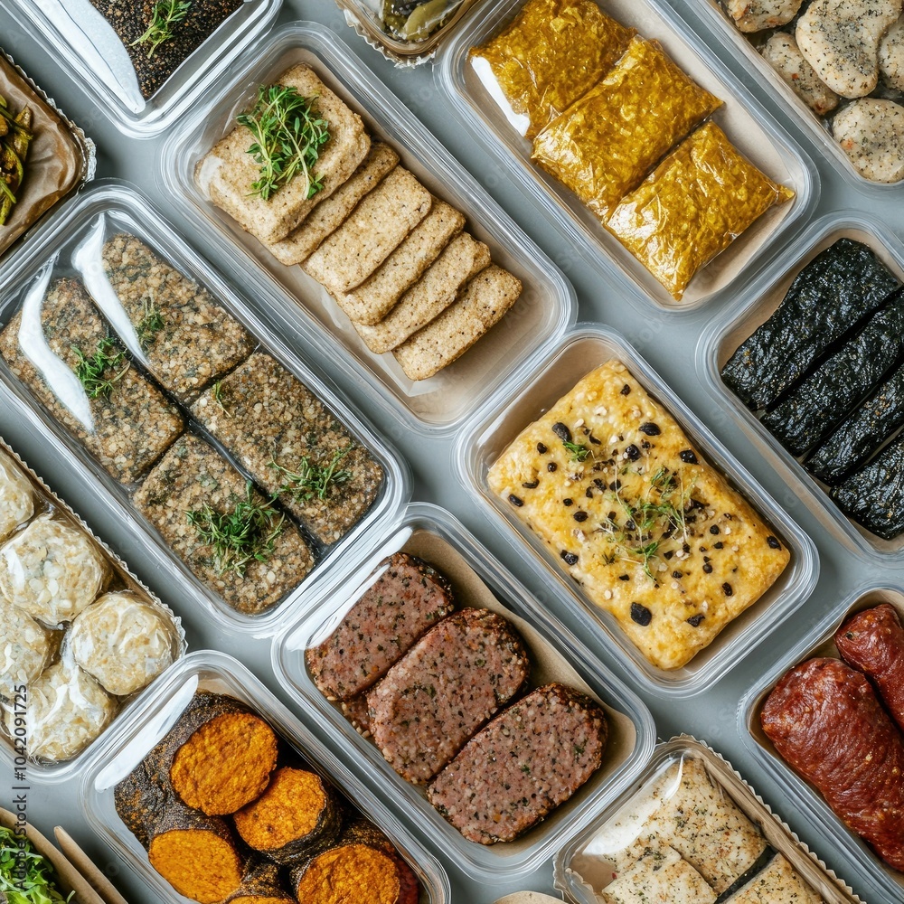 Top-down view of assorted plant-based meat alternatives in packaging, displaying a variety of shapes, sizes, and textures Top-down view of assorted plant-based meat alternatives in packaging, displaying a variety of shapes, sizes, and textures