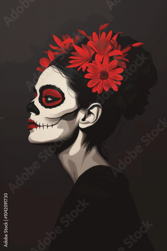 Beautiful woman with iconic skull makeup for day of the Dead. Catrina makeup. Modern vector illustration. Dark background.