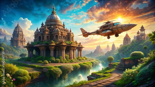 Vimana Flying Machine Blueprint Landscape with Futuristic Elements and Ancient Architecture photo