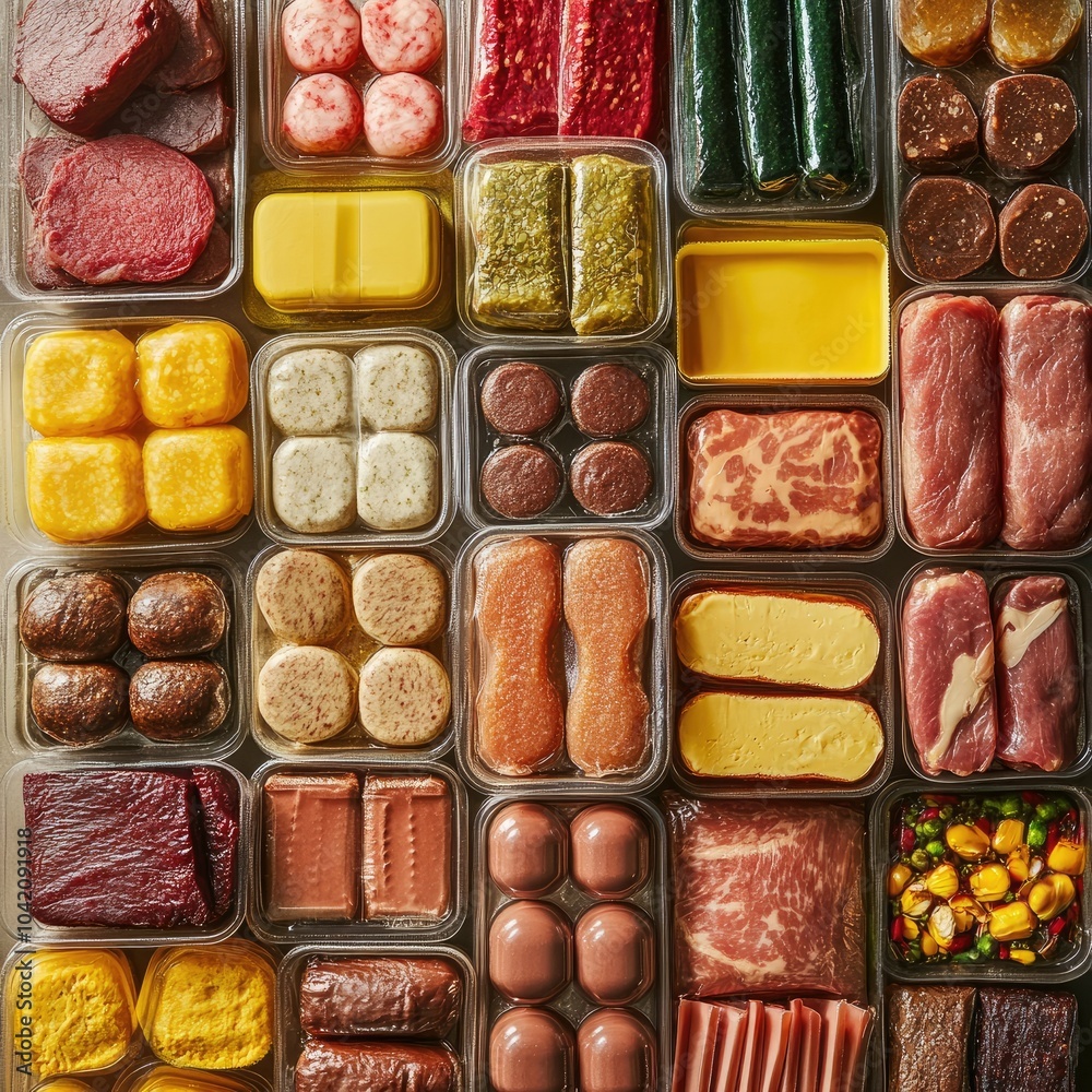 Top-down view of packaged artificial meat alternatives, arranged by shape and size, showcasing a wide variety of plant-based products Top-down view of packaged artificial meat alternatives, arranged by shape and size, showcasing a wide variety of plant-based products