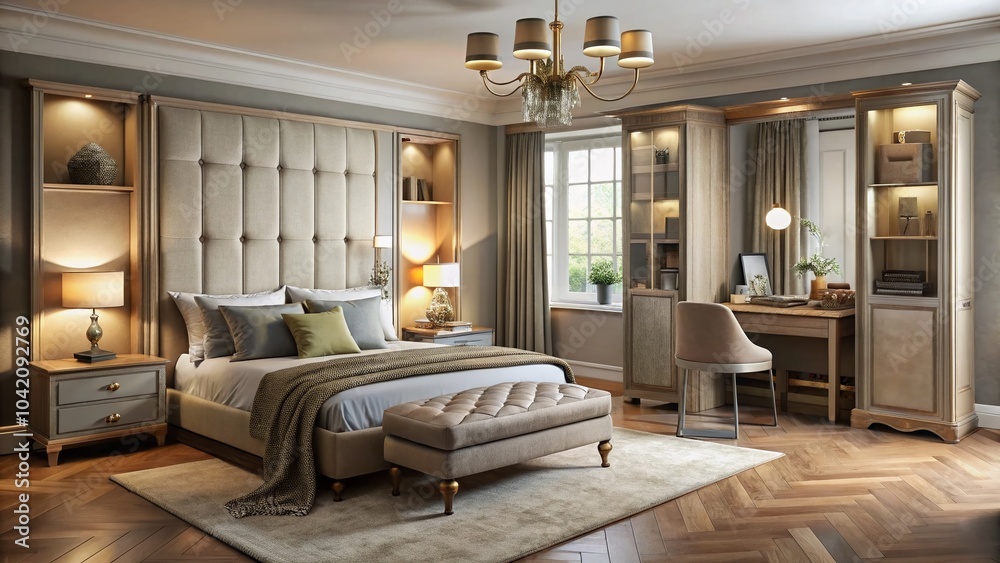 Naklejka premium Vintage Bedroom with Built-in Wardrobe, Double Bed, and Upholstered Sofa for Cozy Interiors