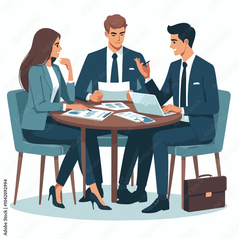 Partners meeting for business discussion with documents and laptop on desk. Couple at round table, speaking, discussing work, partnership. Flat vector illustration isolated on white background Partners meeting for business discussion with documents and laptop on desk. Couple at round table, speaking, discussing work, partnership. Flat vector illustration isolated on white background