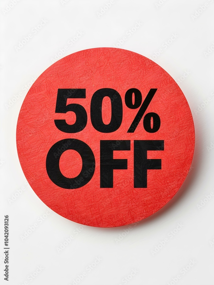 Black '50% OFF' Text on a Red Round Paper Note. White Background Black '50% OFF' Text on a Red Round Paper Note. White Background