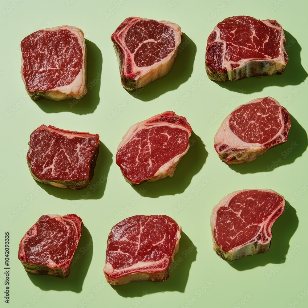 Various cuts of steak floating freely, casting gentle shadows on a pastel green background