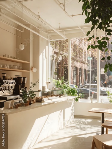 Sunlit cafe interior with plants, cozy seating.