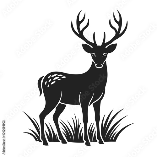 Elegant Deer Silhouette in Grass Vector for Nature-Themed Logos and Prints.