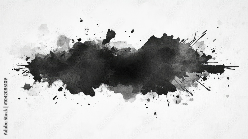 Watercolor black stain with creative splashes and washes on a paper-textured background. Watercolor black stain with creative splashes and washes on a paper-textured background.