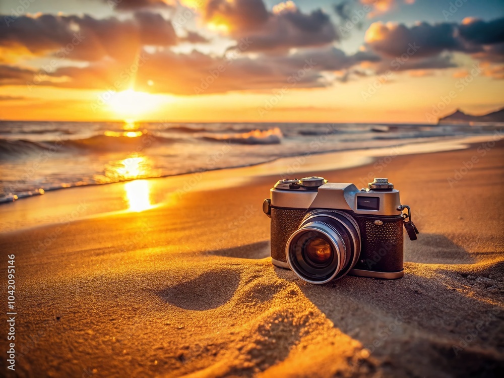 Fototapeta premium Vintage Film Camera on Beach, Long Exposure Photography for Nostalgic Seaside Memories