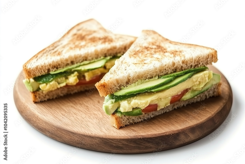 Freshly made vegetable sandwich served on a wooden plate with a side of vibrant colors during midday. Generative AI Freshly made vegetable sandwich served on a wooden plate with a side of vibrant colors during midday. Generative AI