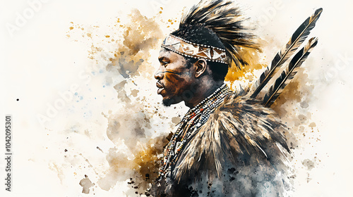 Zulu echoes: faded warrior assegai in watercolor. Zulu Tribe. Illustration photo