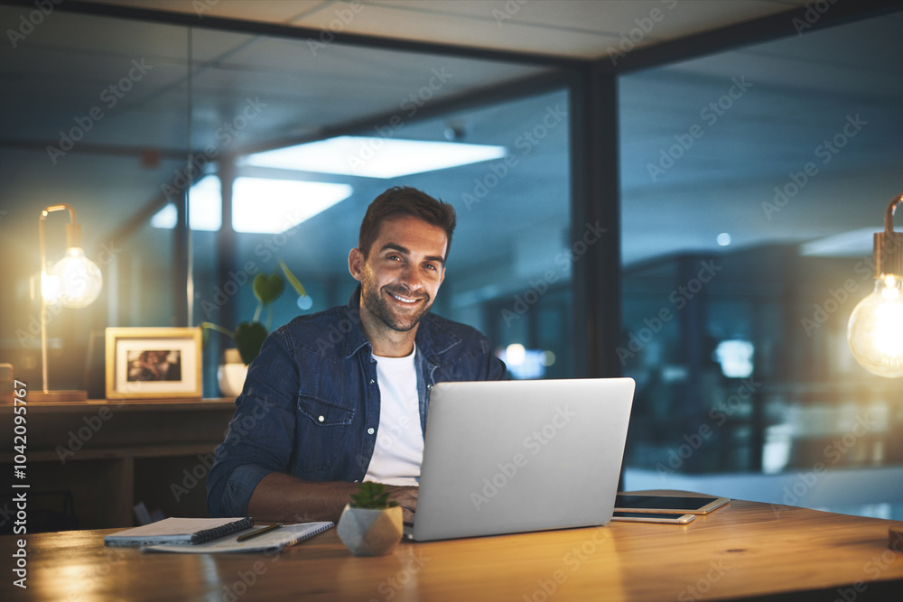 Documents, laptop and portrait of businessman at night for website, research and online project. Professional, company and person on computer working late for planning, deadline and email networking Documents, laptop and portrait of businessman at night for website, research and online project. Professional, company and person on computer working late for planning, deadline and email networking