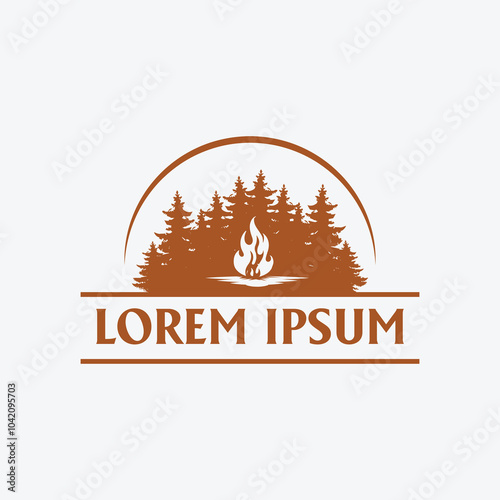 Vintage Retro Pine Cedar Conifer Evergreen Spruce Cypress Hemlock Fir Trees Forest with Bonfire for Camp Outdoor Adventure Logo