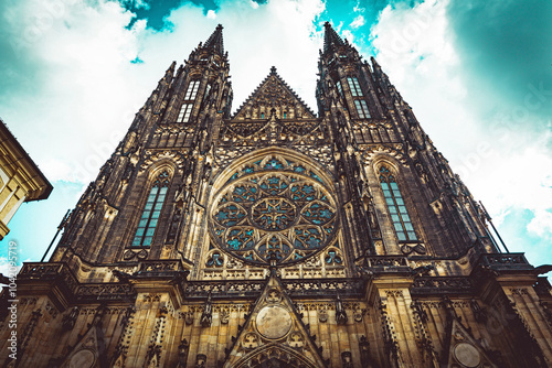 St. Vitus Cathedral's Front Fa?ade with Twin Towers, Exterior Rose Window, and Portal In Prague Castle in Prague, Czech Republic. photo