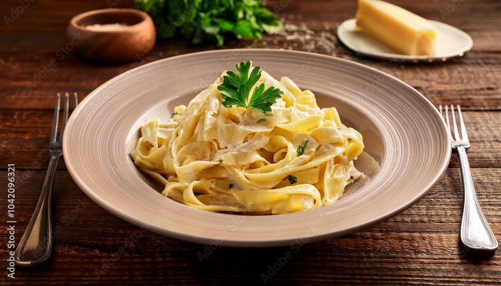 delicious creamy fettuccine alfredo served with parsley on a rustic wooden table in warm inviting light delicious creamy fettuccine alfredo served with parsley on a rustic wooden table in warm inviting light