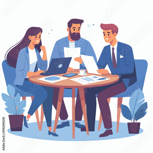 Partners meeting for business discussion with documents and laptop on desk. Couple at round table, speaking, discussing work, partnership. Flat vector illustration isolated on white background