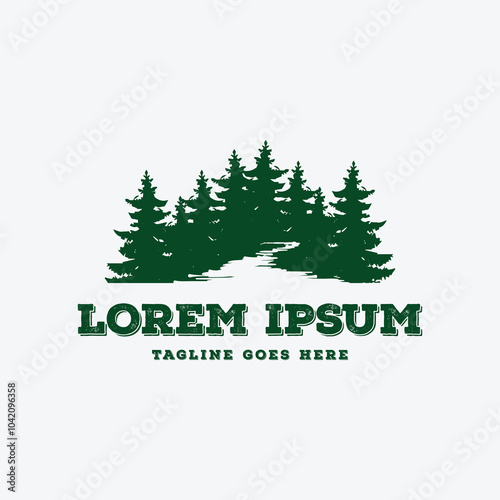 Vintage Retro Pine Cedar Conifer Evergreen Spruce Cypress Hemlock Fir Trees Forest with Creek River for Camp Outdoor Adventure Logo