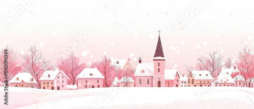 A serene winter village scene adorned with snow, featuring charming houses, trees, and a church with a steeple, all enveloped in a soft pink hue.