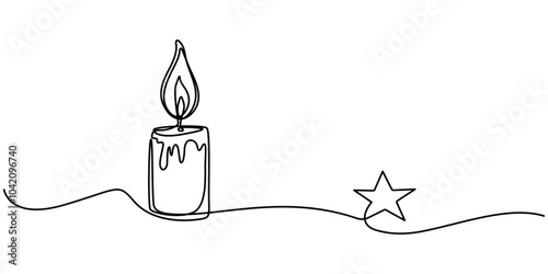 Illustration of candle with star drawn with one line, Christmas candles with burning flame. One continuous single line hand drawing art. Vector stock illustration isolated on white background