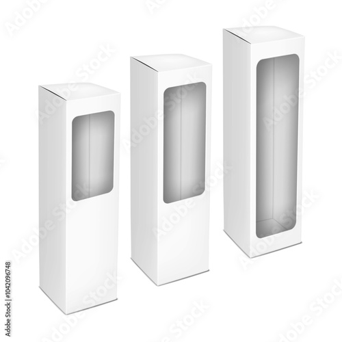 White paper tall vertical die-cut window box. 3d mockup set. Empty transparent front paperboard container with tuck-in flap. Realistic vector mock-up. Template for packaging design