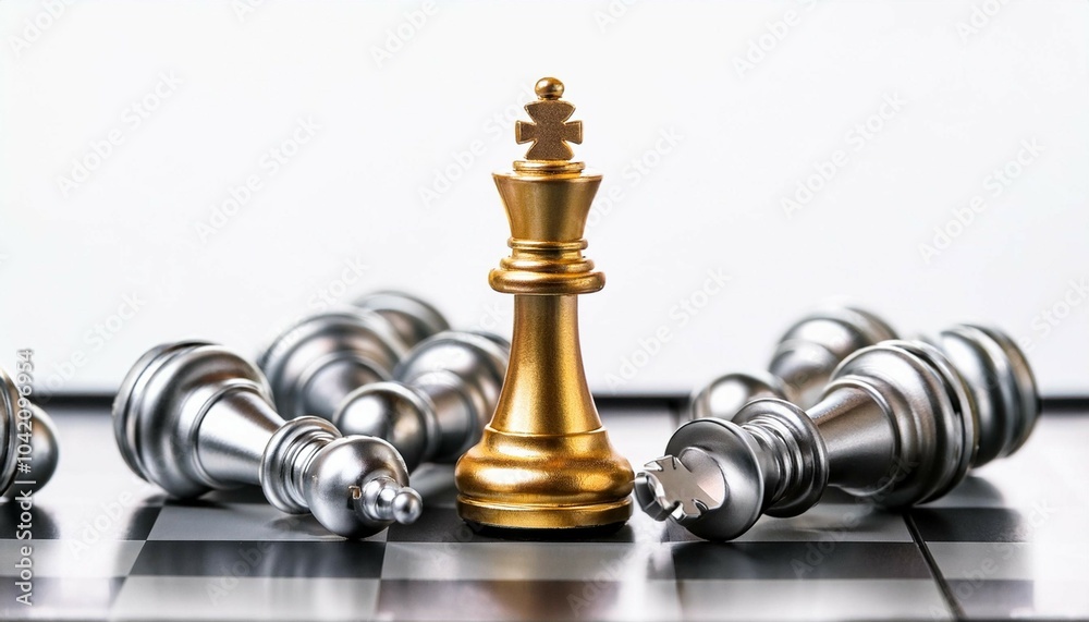 golden king chess piece on chessboard corner surrounded by silver pieces on white background symbolizes leadership and strategy in competition golden king chess piece on chessboard corner surrounded by silver pieces on white background symbolizes leadership and strategy in competition