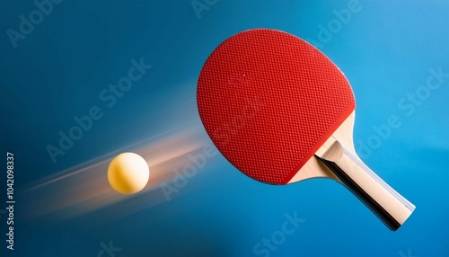 red ping pong paddle with ball on blue background concept of summer sport flying photo