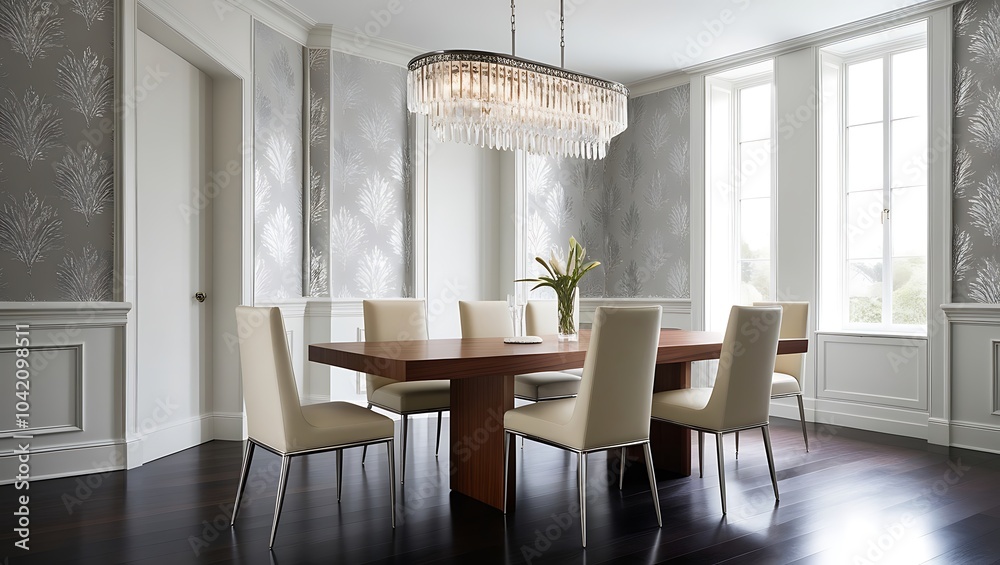 Dining room featuring bold wallpaper and stylish lighting accents throughout Dining room featuring bold wallpaper and stylish lighting accents throughout