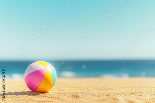 Sunny beach scene with colorful ball on sand