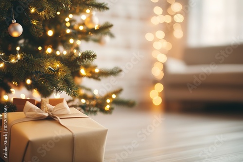 Gift box under Christmas tree with warm lights